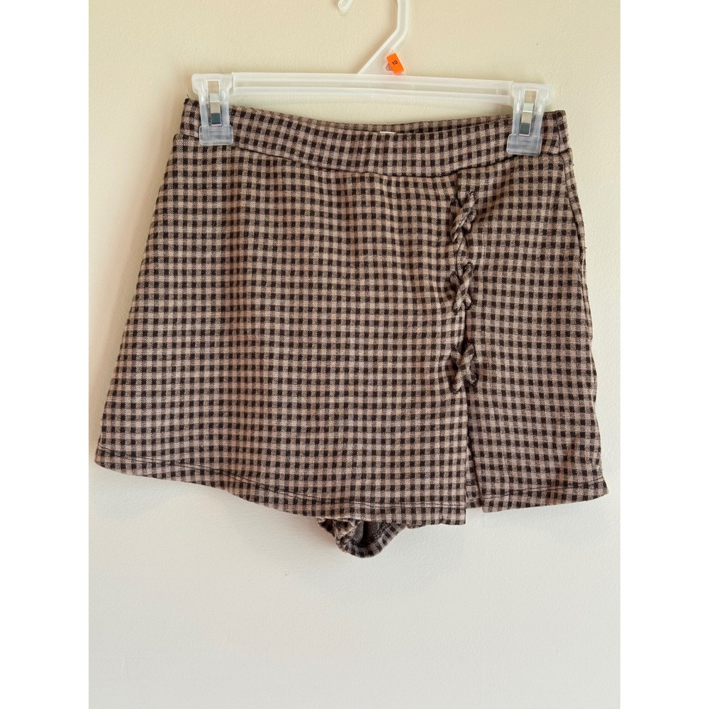 Kirious Los Angeles Brown Gingham Lace Up Front Skort Women Small Plaid Mini